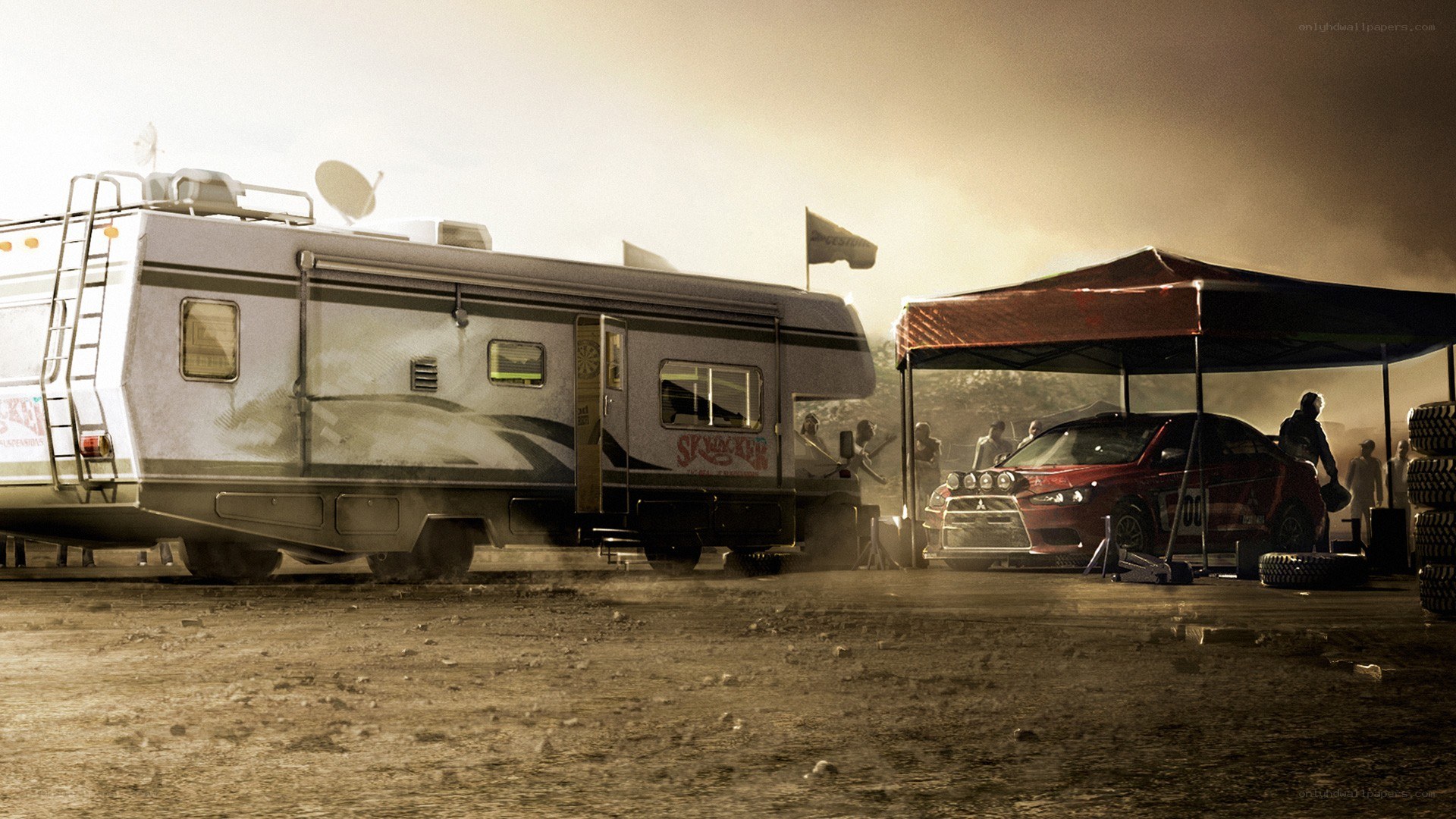Racing team at a dusty track