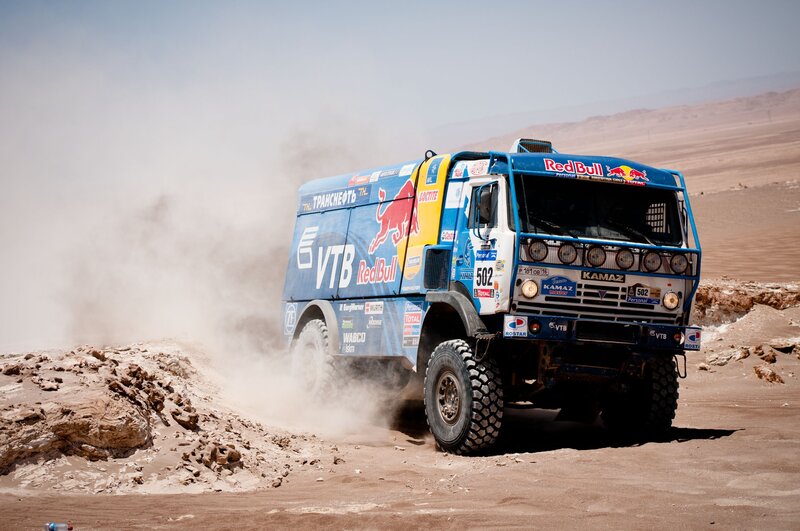 Racing Truck in Desert — Blue, Dynamic, Afternoon, Photograph, Dust, Sand