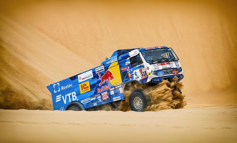 Racing Truck in Desert — Blue, Dynamic, Afternoon, Photograph, Sand Dune