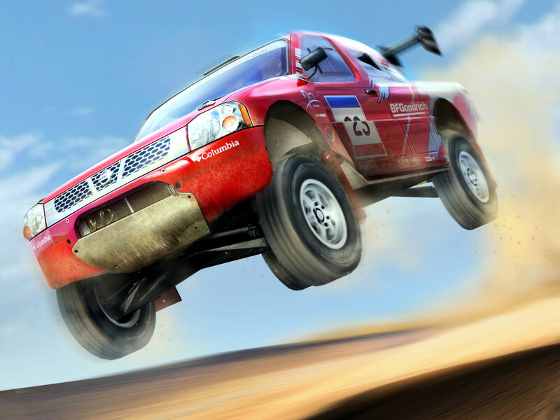 racing truck in mid-air jump