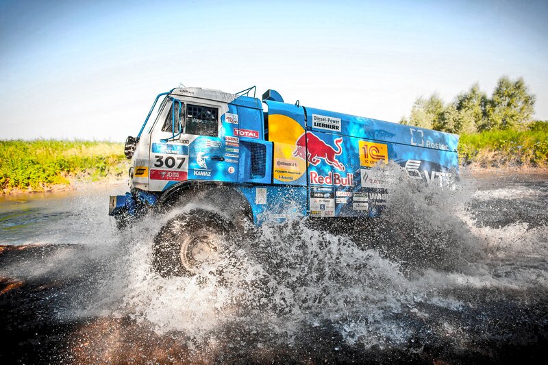 Racing Truck in Water — Blue, Dynamic, Afternoon
