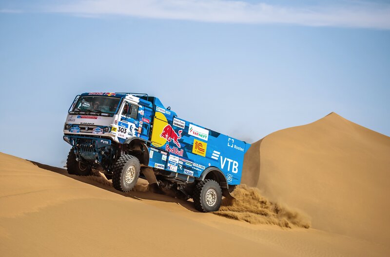 Racing Truck on Sand Dune — Blue, Dynamic, Afternoon