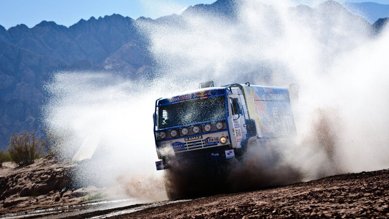 Racing Truck Splashing Water — Blue, Dynamic, Afternoon