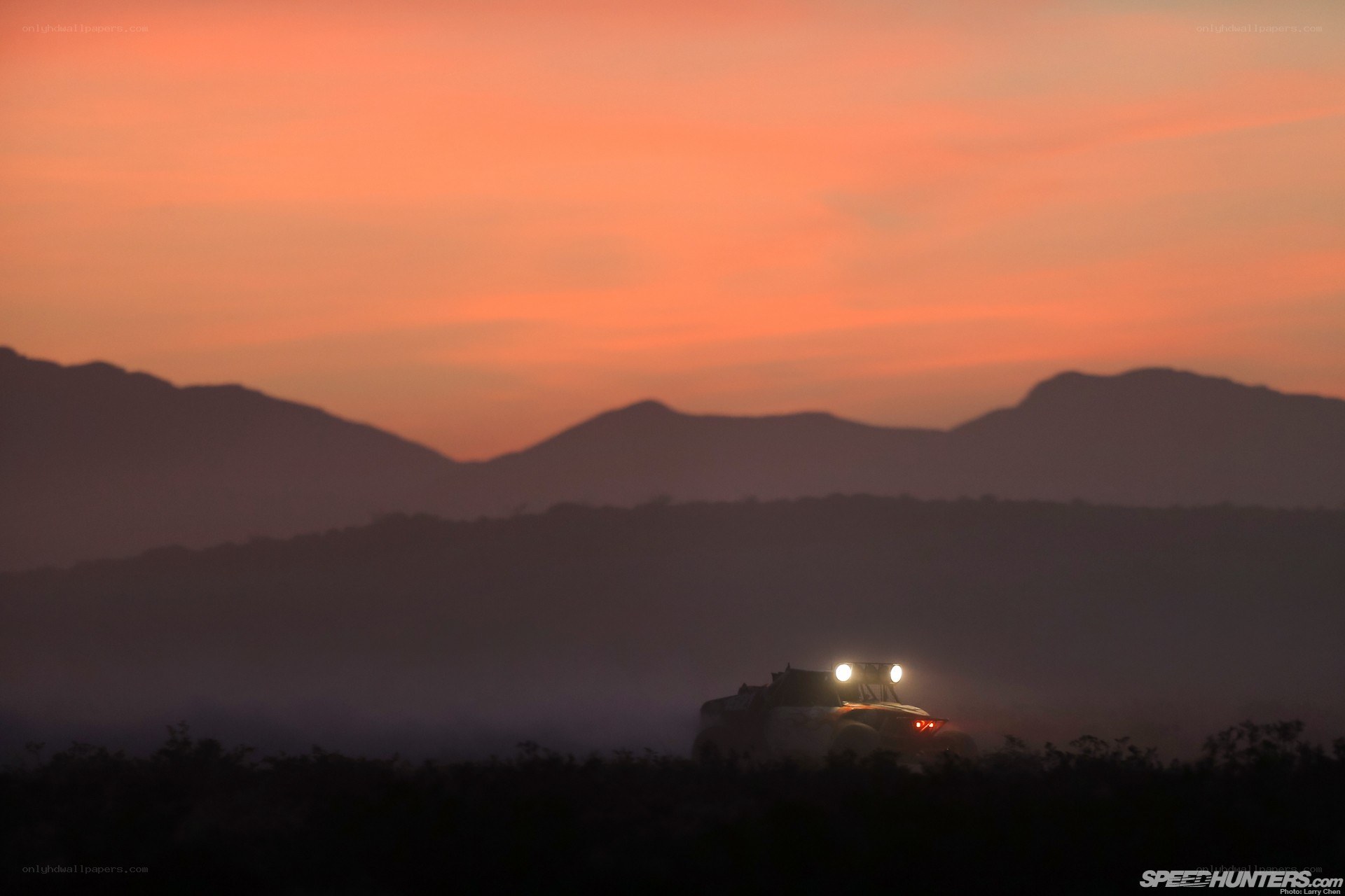 Racing vehicle at sunset