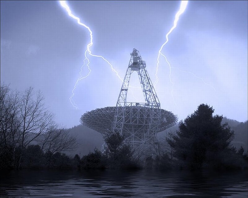 Radio telescope during a storm