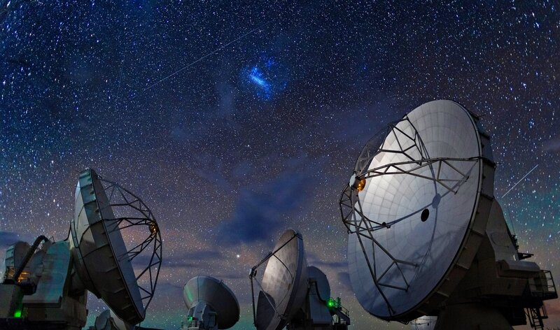 Radio Telescopes at Night — Blue, Serene