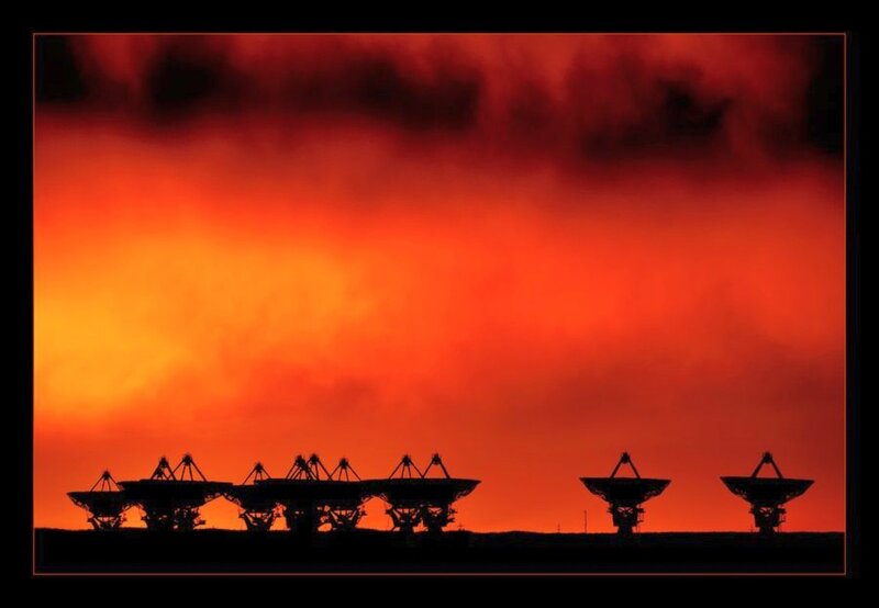 Radio telescopes at sunset