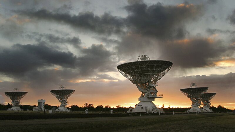 Radio Telescopes at Sunset — Orange, Dramatic