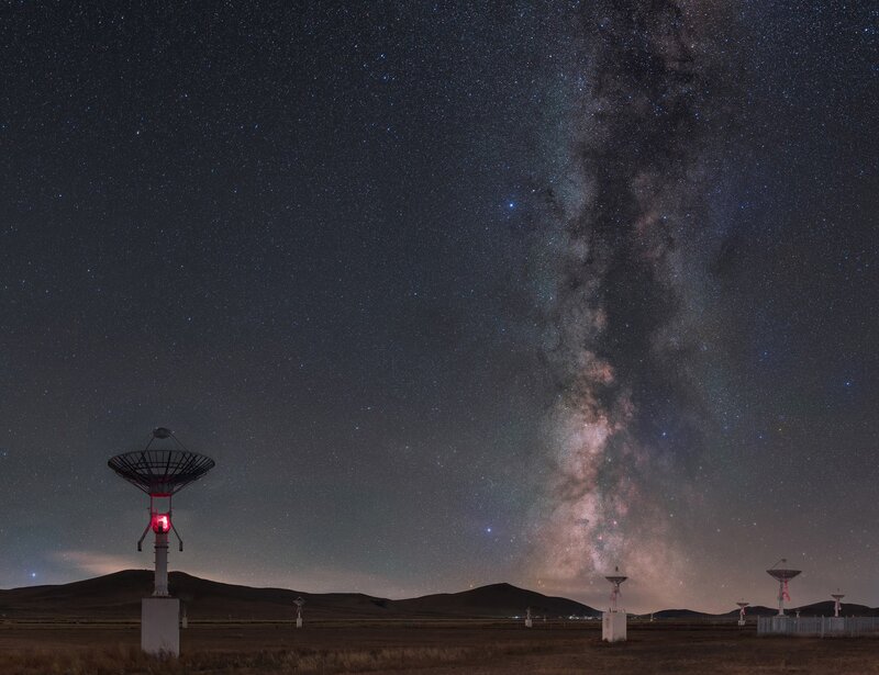 Radio Telescopes under Stars — Black, Serene, Night, Photograph, Milky Way, Hills