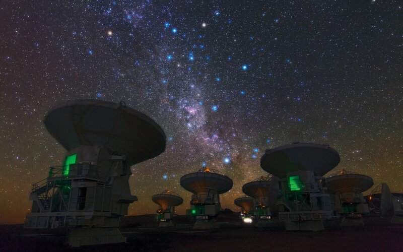 Radio Telescopes under Stars — Black, Serene