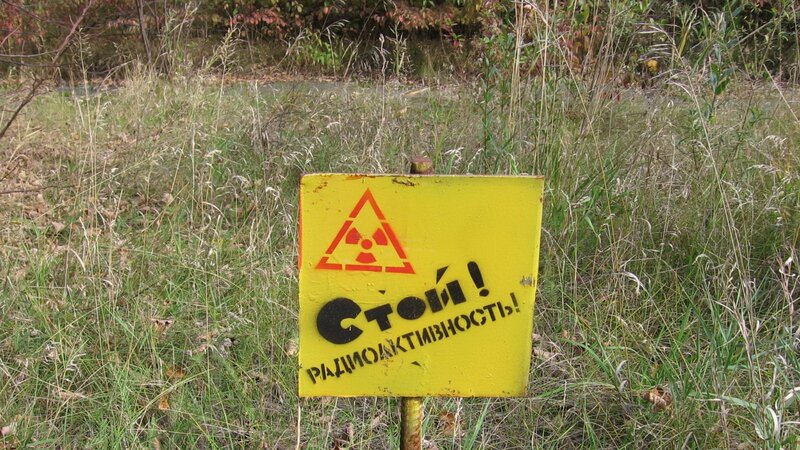 Radioactive warning sign in grass