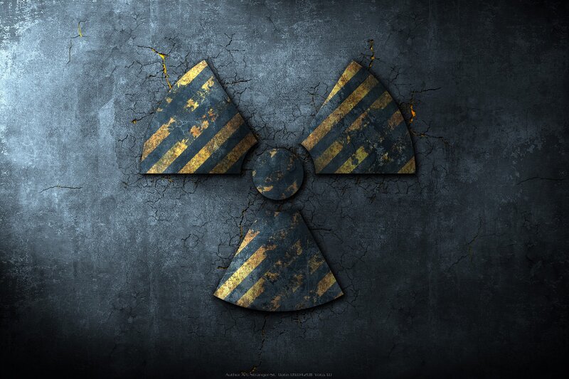 Radioactive Warning Symbol — Black, Dramatic, Digital Art, Cracked Wall