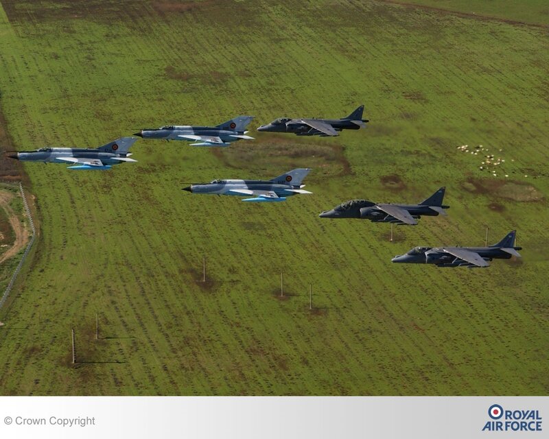RAF jets in formation over fields