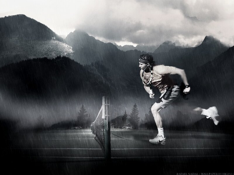 Rafael Nadal on a rainy court
