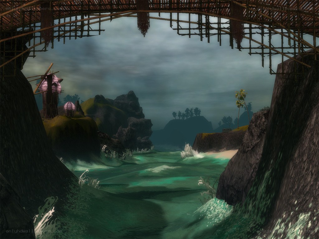 Raging river under bamboo bridge