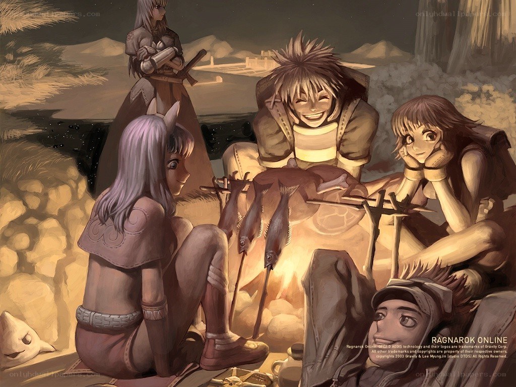 Ragnarok Online characters at campfire