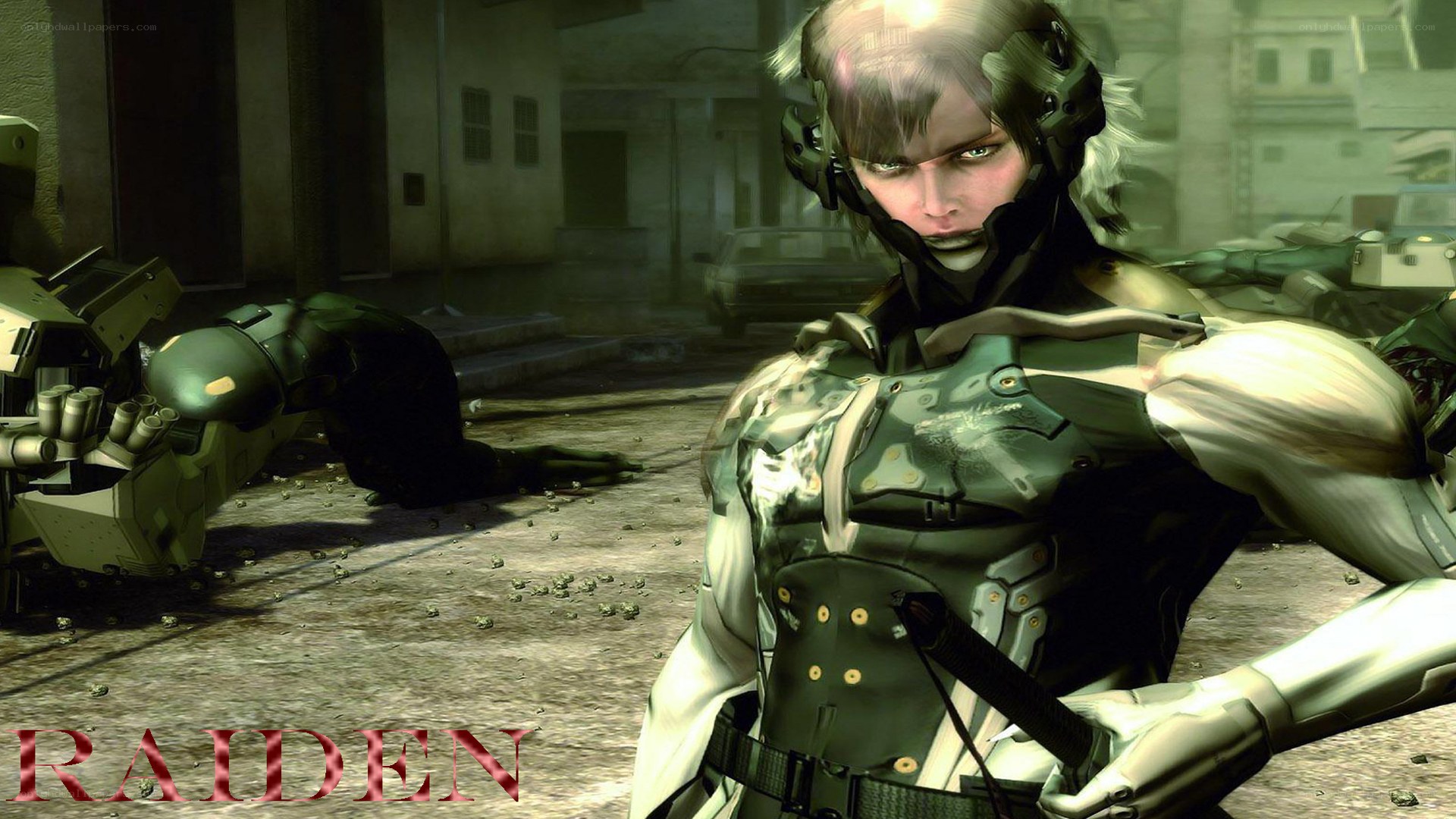 Raiden in a war-torn city