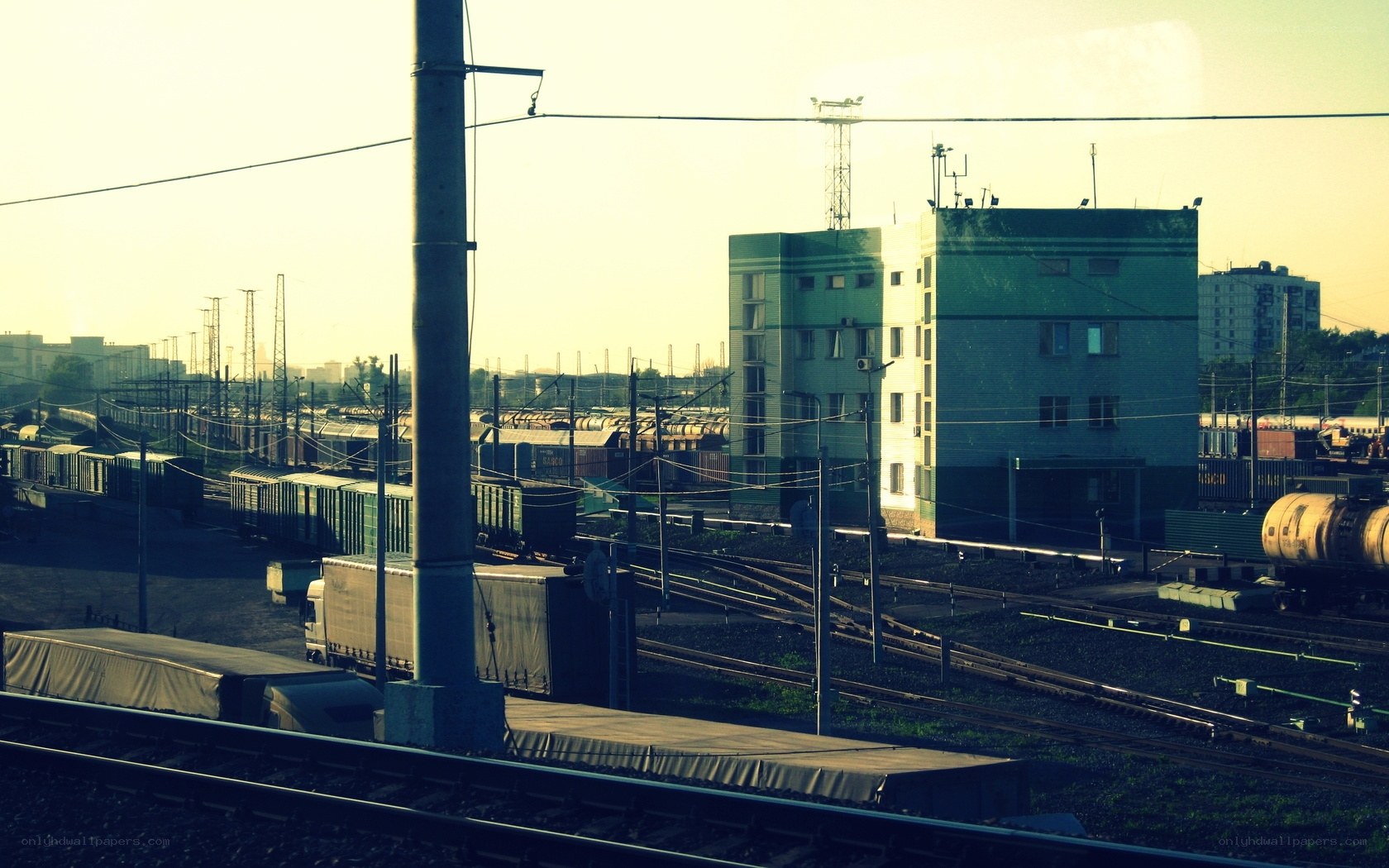 rail yard at golden hour