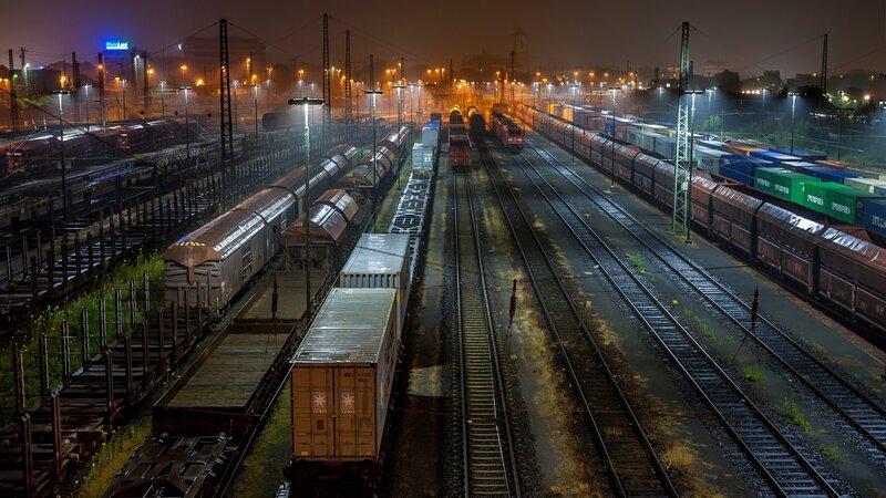 Rail Yard at Night — Black, Dramatic