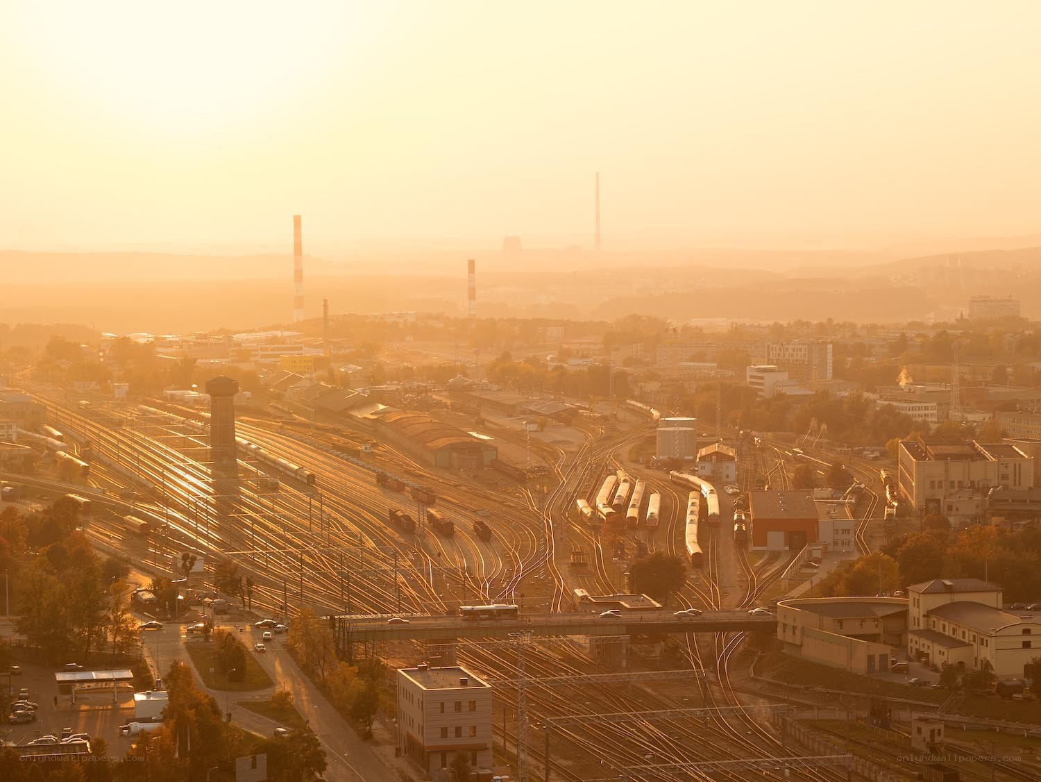 Rail yard at sunset
