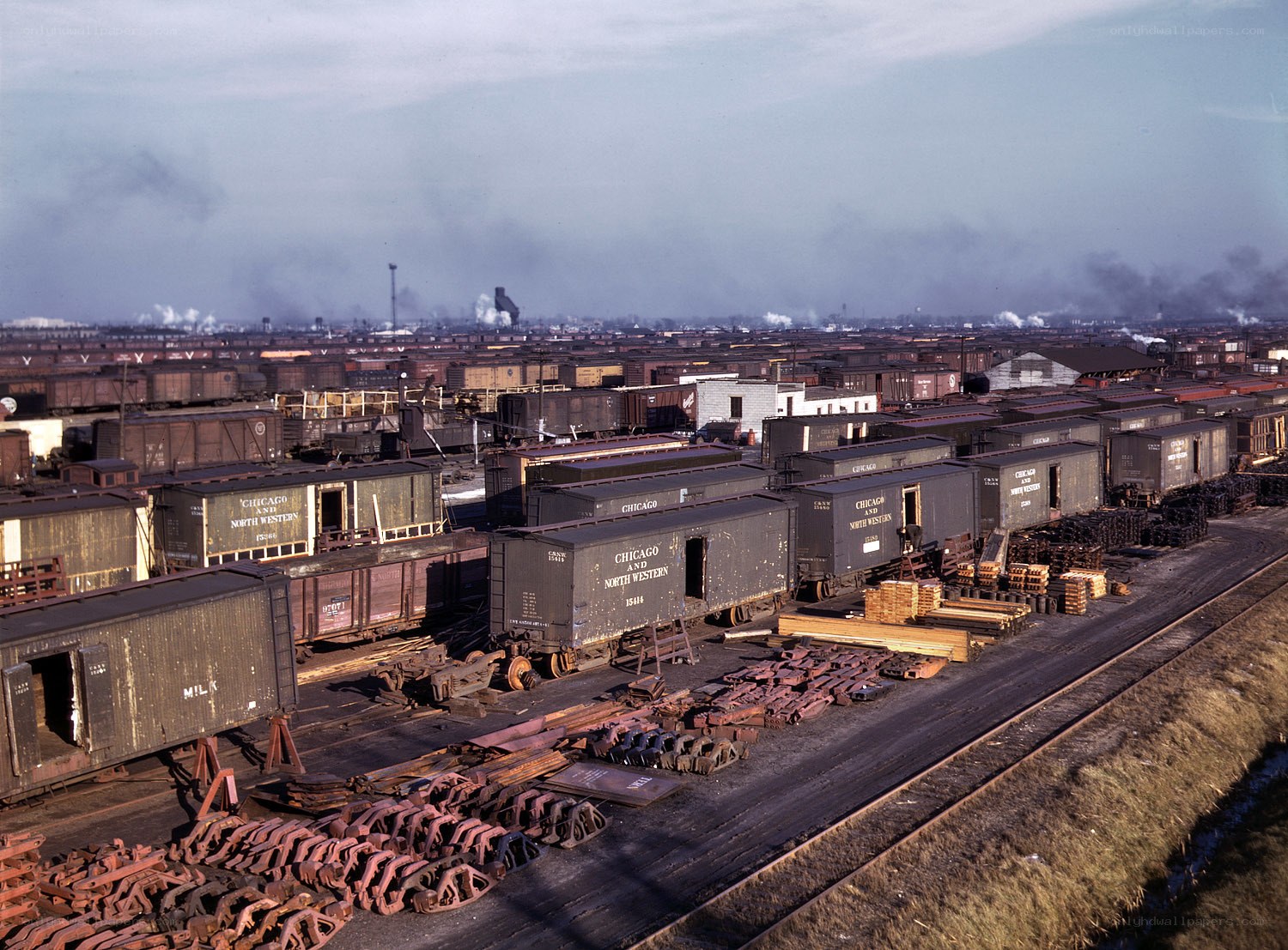 Rail yard with freight cars