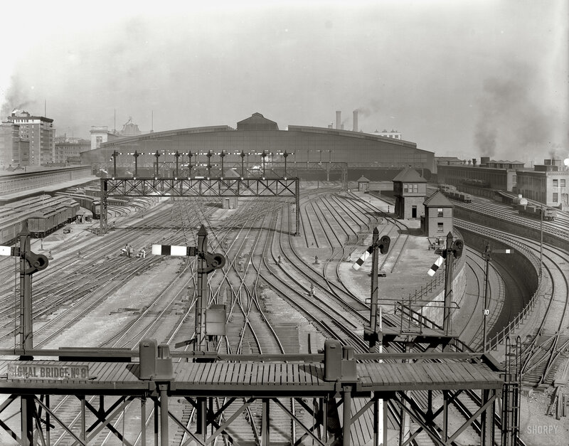 Rail yard with signal bridge