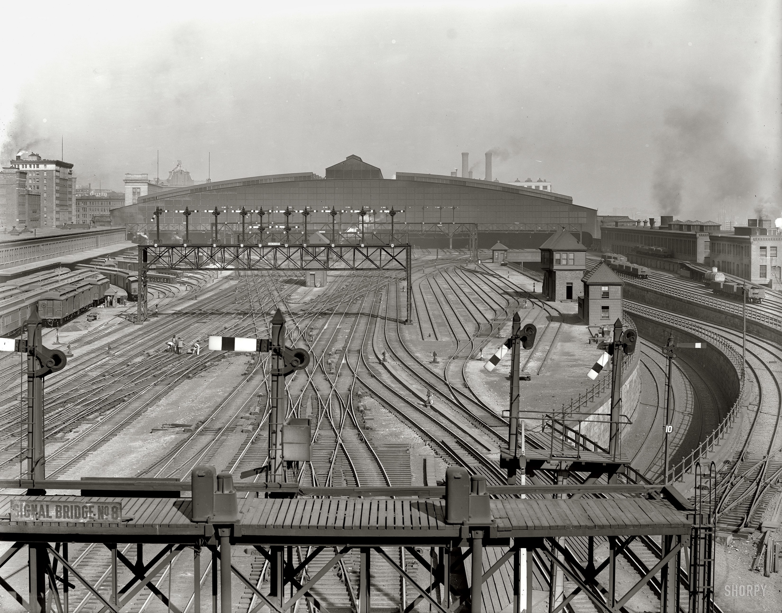 Rail yard with signal bridge
