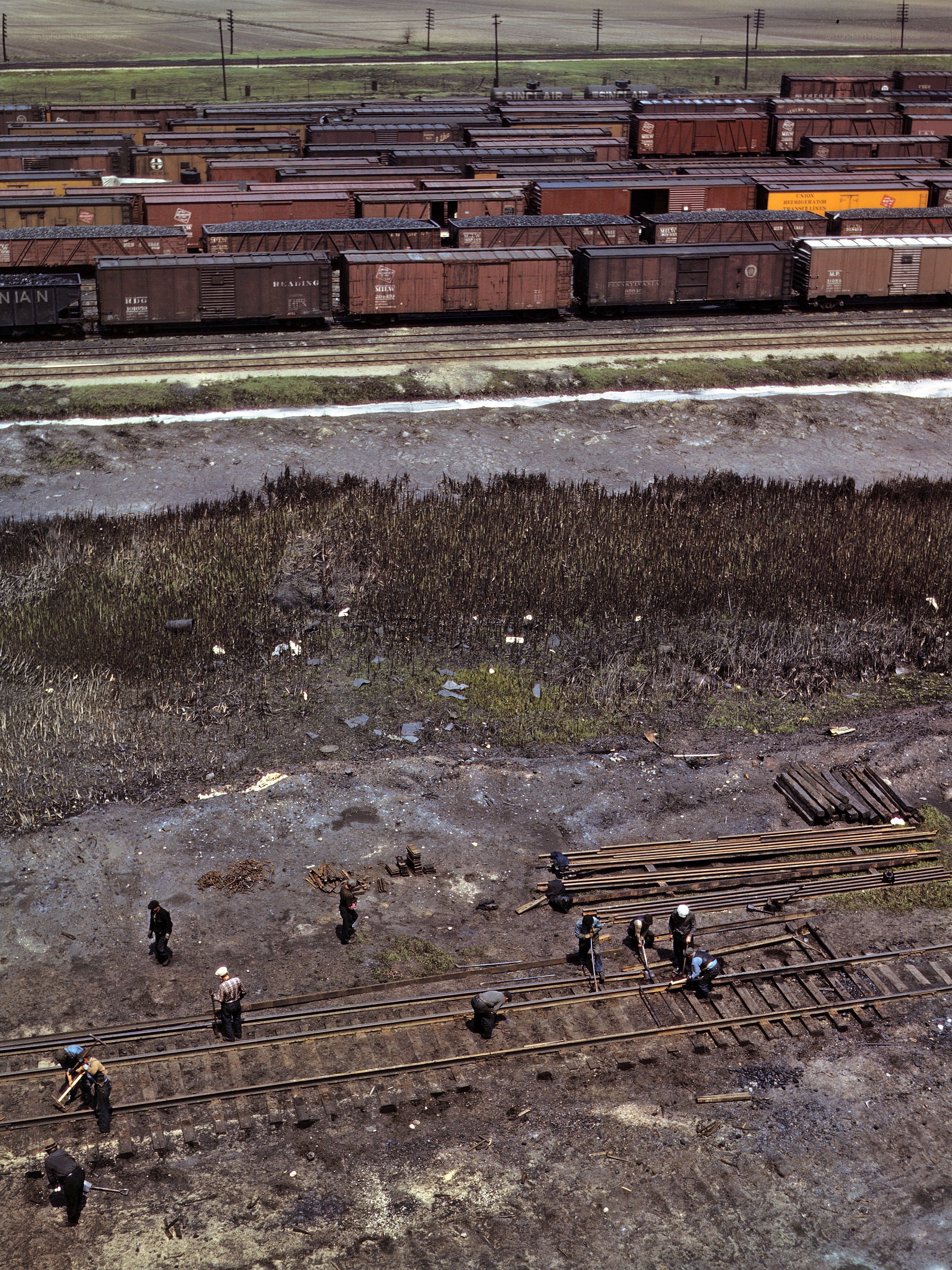 Rail yard workers at a freight depot