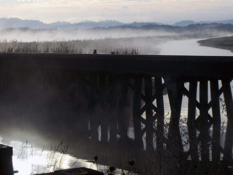 Railroad Bridge over River — Gray
