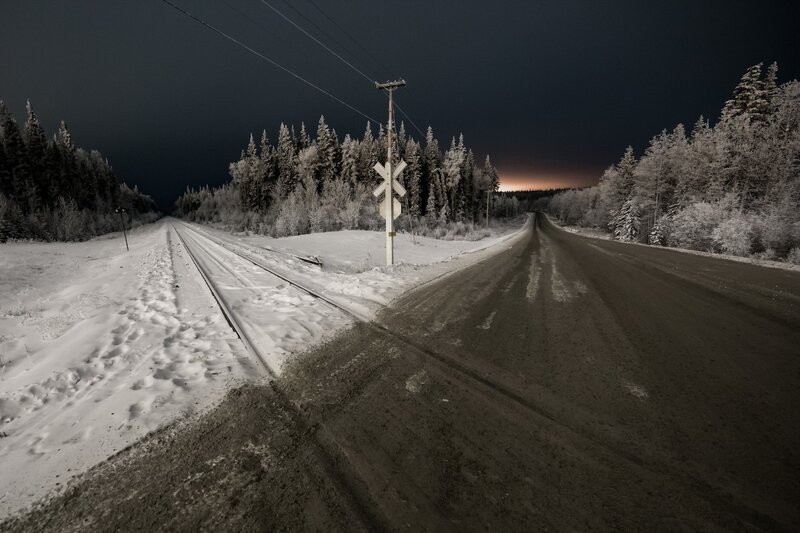 Railroad Crossing at Night — Black, Dark, Photograph