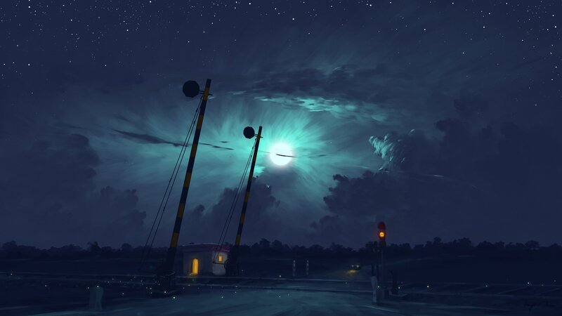 Railroad Crossing at Night — Blue