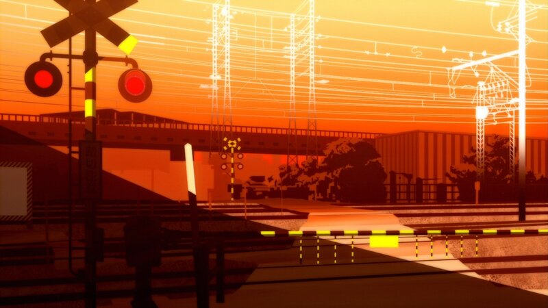Railroad Crossing at Sunset — Orange, Dramatic, Anime