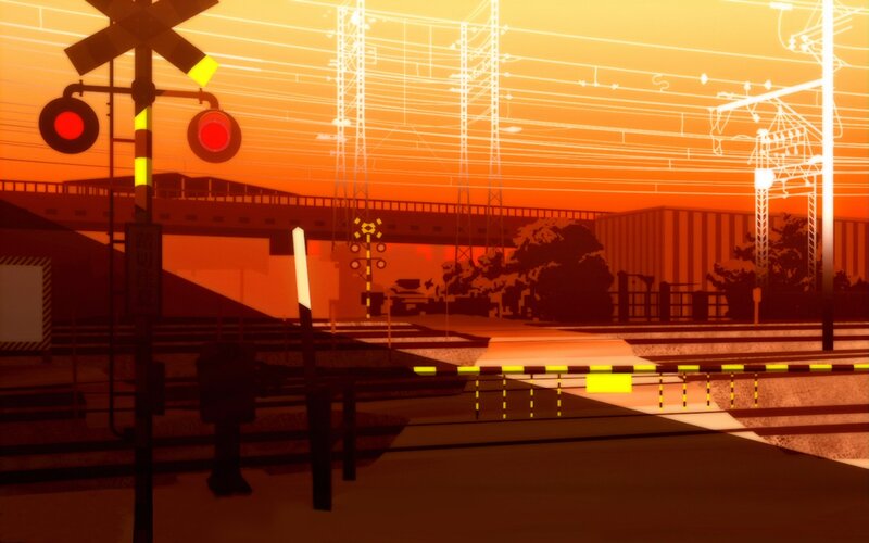 Railroad Crossing at Sunset — Orange, Dramatic, Digital Art