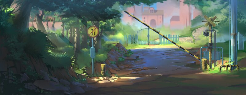 Railroad Crossing in Forest — Green