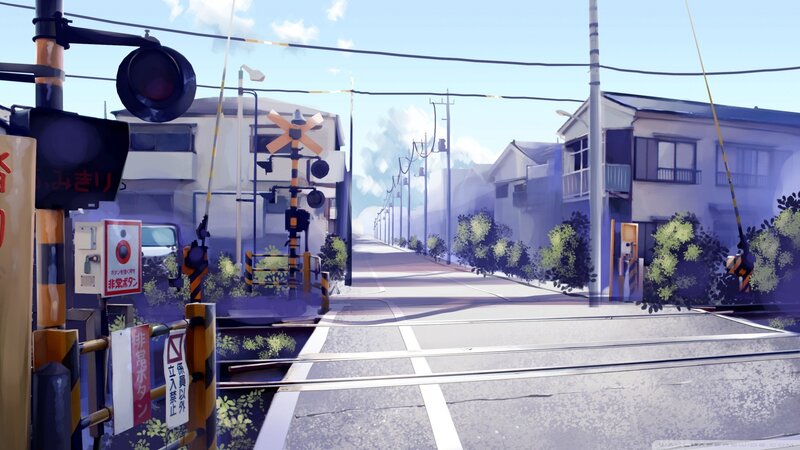 Railroad Crossing in Town — Blue