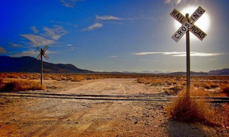 Railroad Crossing Sign — Blue, Dramatic, Afternoon