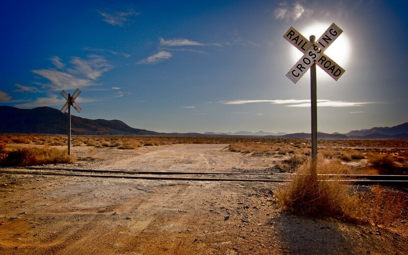 Railroad Crossing Sign — Blue, Dramatic, Sunset, Photograph