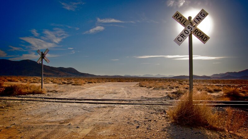 Railroad Crossing Sign — Blue, Dramatic