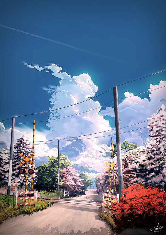 Railroad Crossing with Cherry Blossoms — Blue