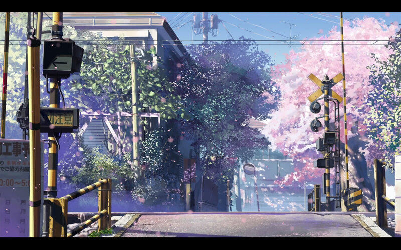 Railroad Crossing with Cherry Blossoms — Pink, Serene, Spring, Anime, Cherry Blossoms, Traffic Light
