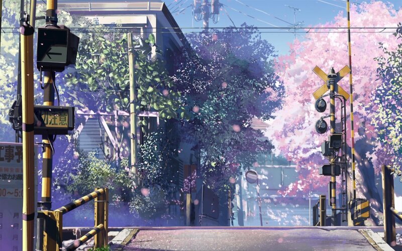 Railroad Crossing with Cherry Blossoms — Pink, Serene, Spring