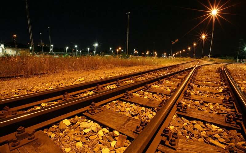 Railroad Tracks at Night — Black, Dark, Photograph, Streetlights