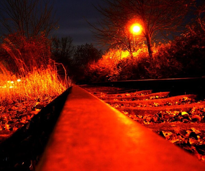 Railroad Tracks at Night — Red