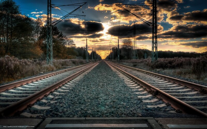 Railroad Tracks at Sunset — Blue, Dramatic, Photograph, Clouds, Trees