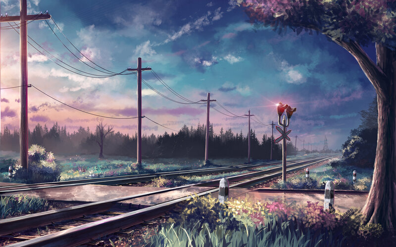 Railroad Tracks at Sunset — Blue, Serene