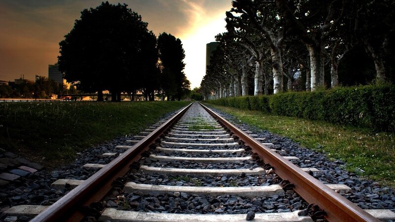 Railroad Tracks at Sunset — Green, Serene