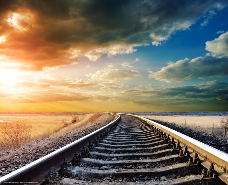Railroad Tracks at Sunset — Orange, Dramatic, Photograph, Sky, Clouds
