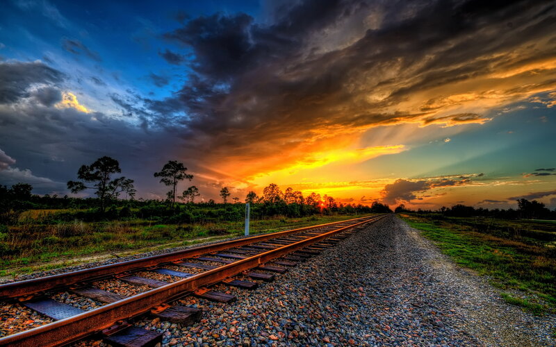Railroad Tracks at Sunset — Orange, Dramatic, Photograph, Sky