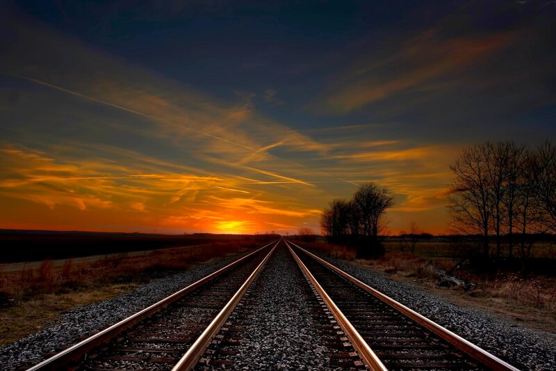 Railroad Tracks at Sunset — Orange, Dramatic, Photograph, Sky, Trees