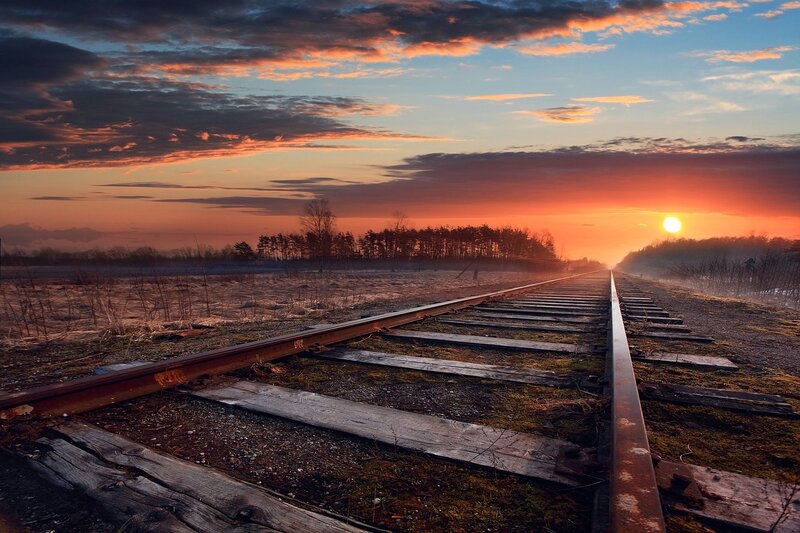 Railroad Tracks at Sunset — Orange, Dramatic, Photograph, Sun